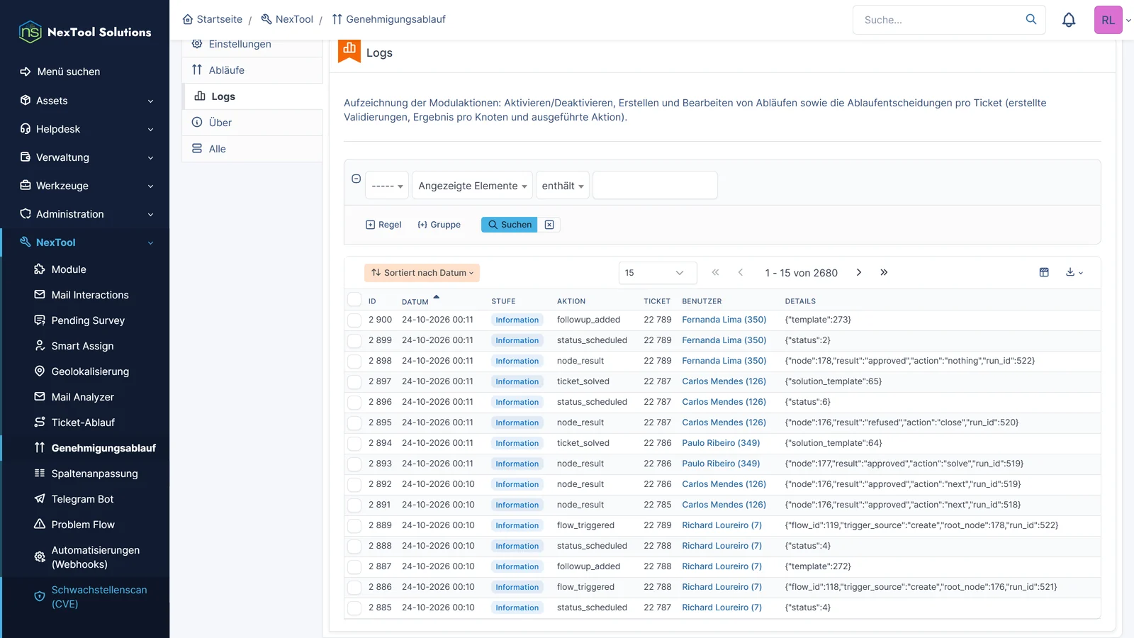 Reiter Logs des Genehmigungsablaufs: Start jedes Ablaufs, Ergebnis jeder Stufe, gesetzter Status und gelöstes Ticket, mit dem Benutzer, der entschieden hat