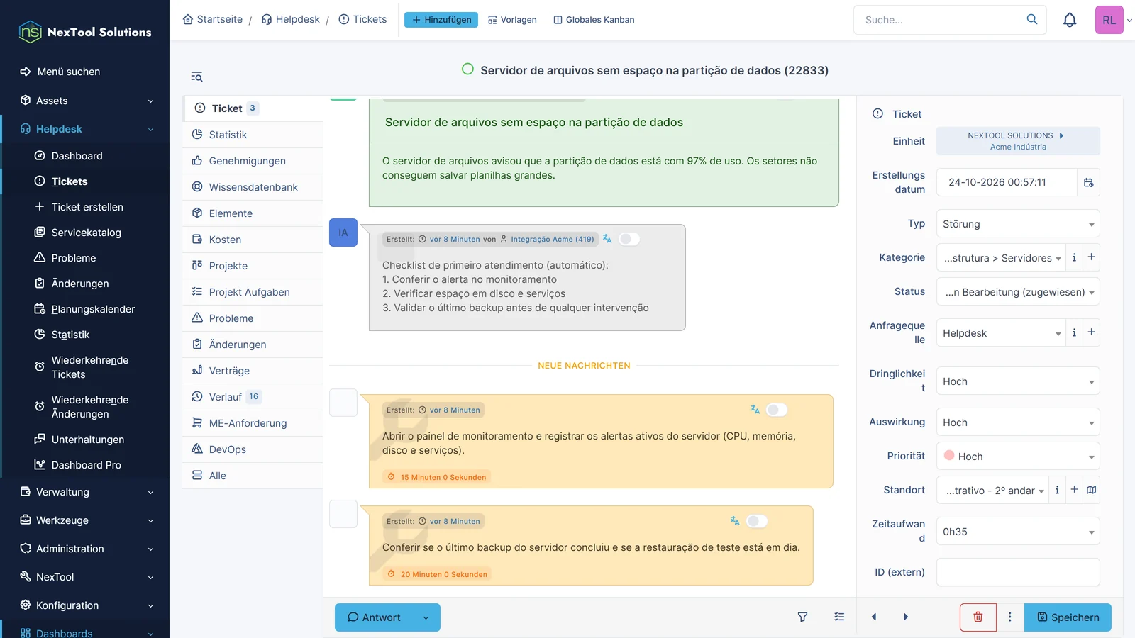 Neues Ticket der Kategorie Server mit der Checkliste für die Erstbearbeitung, automatisch vom Ablauf hinzugefügt