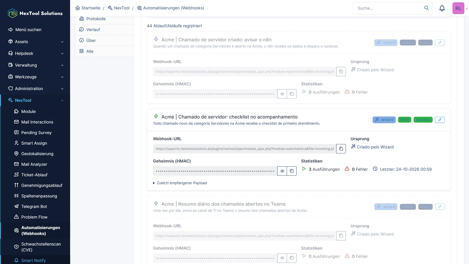Abläufe des Moduls Automatisierungen in GLPI: jeweils mit Webhook-URL, maskiertem HMAC-Geheimnis, Status sowie Anzahl der Ausführungen und Fehler