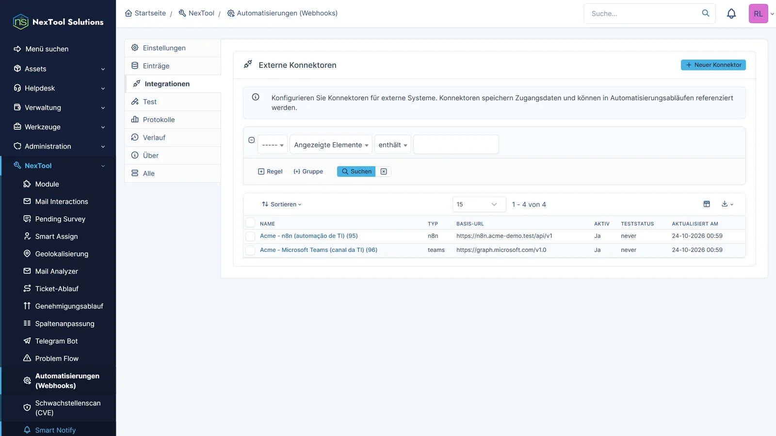Externe Konnektoren der Automatisierungen: n8n und Microsoft Teams mit Basis-URL und verschlüsselten Zugangsdaten, bereit für die Abläufe
