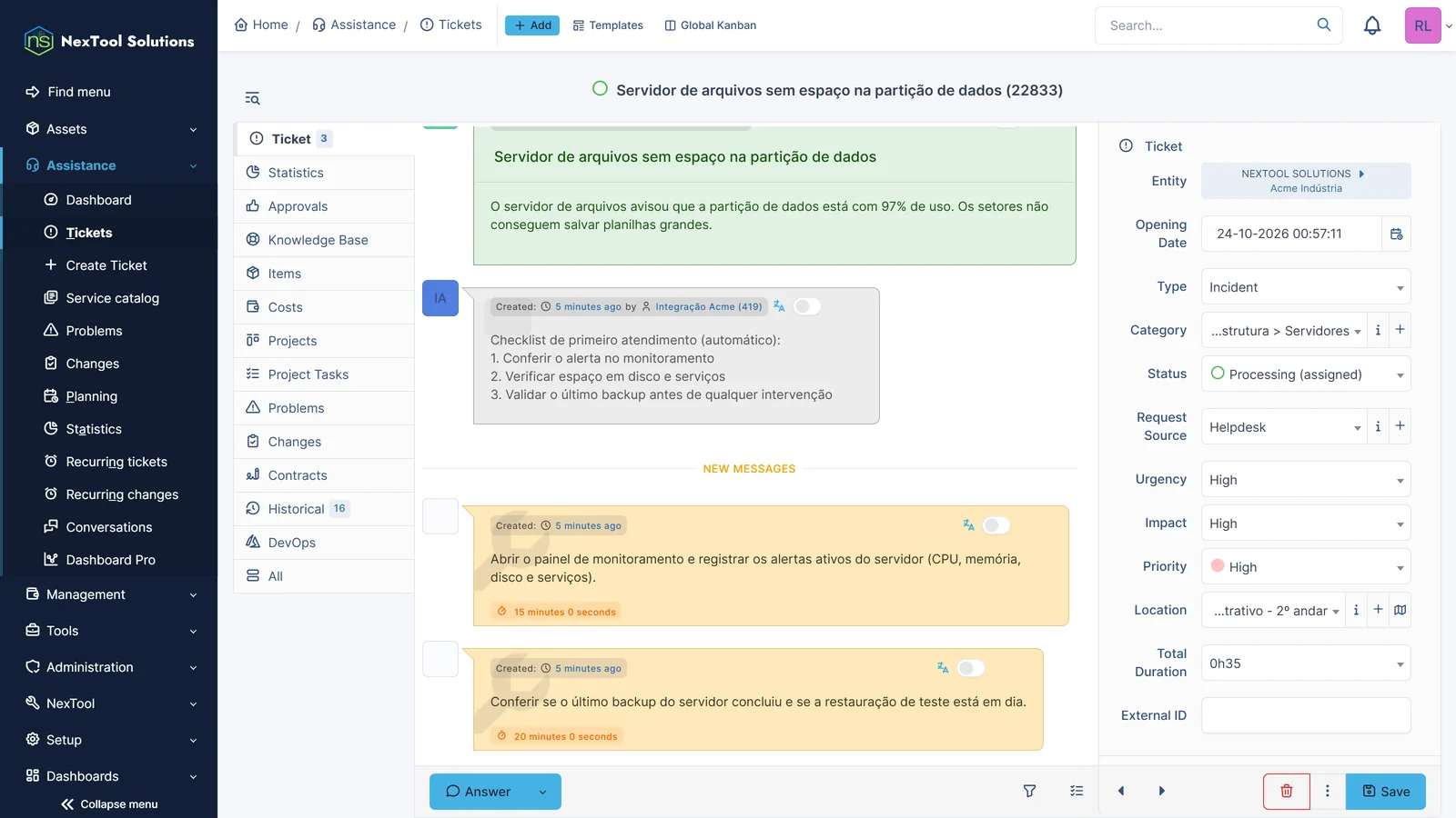 Новая заявка категории «Серверы» с чек-листом первичной обработки, добавленным потоком автоматически