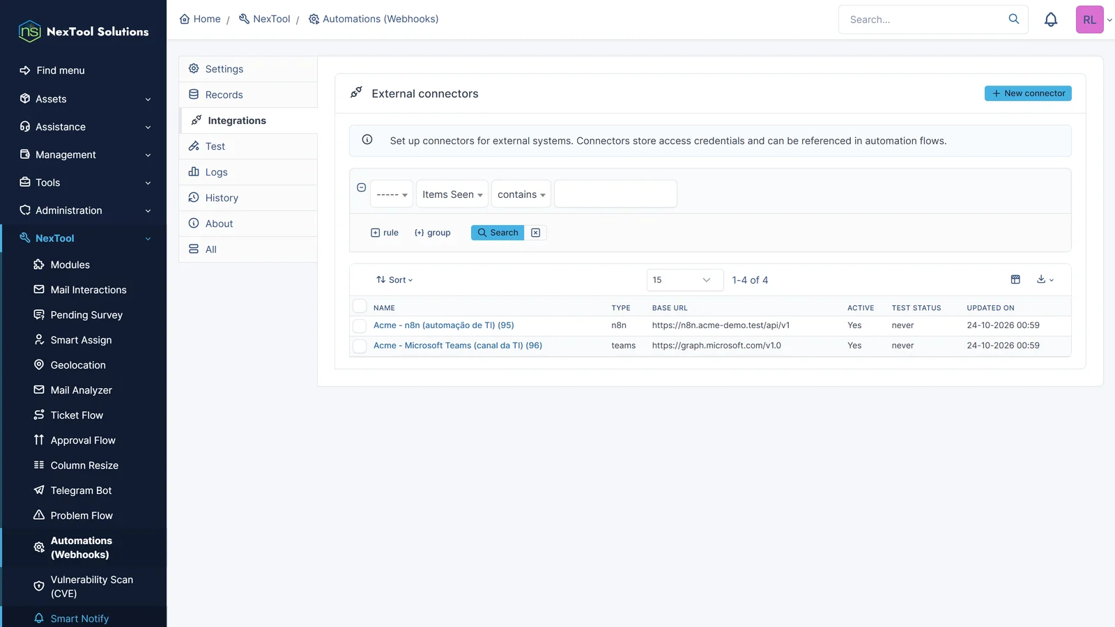 Внешние коннекторы Automations: n8n и Microsoft Teams с базовым URL и зашифрованными учётными данными, готовые для потоков