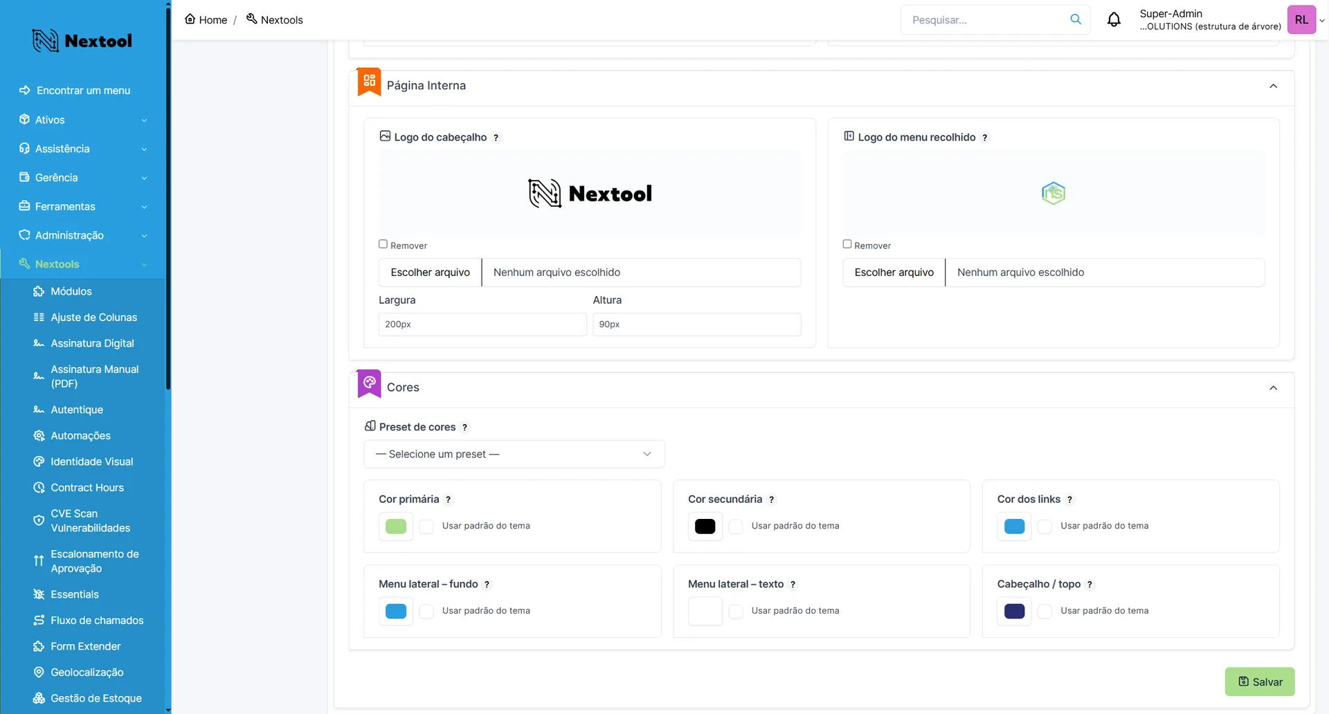 Configuração da área interna do GLPI: logo do cabeçalho, logo do menu recolhido e paleta de cores com cor primária, secundária, links, menu lateral e cabeçalho
