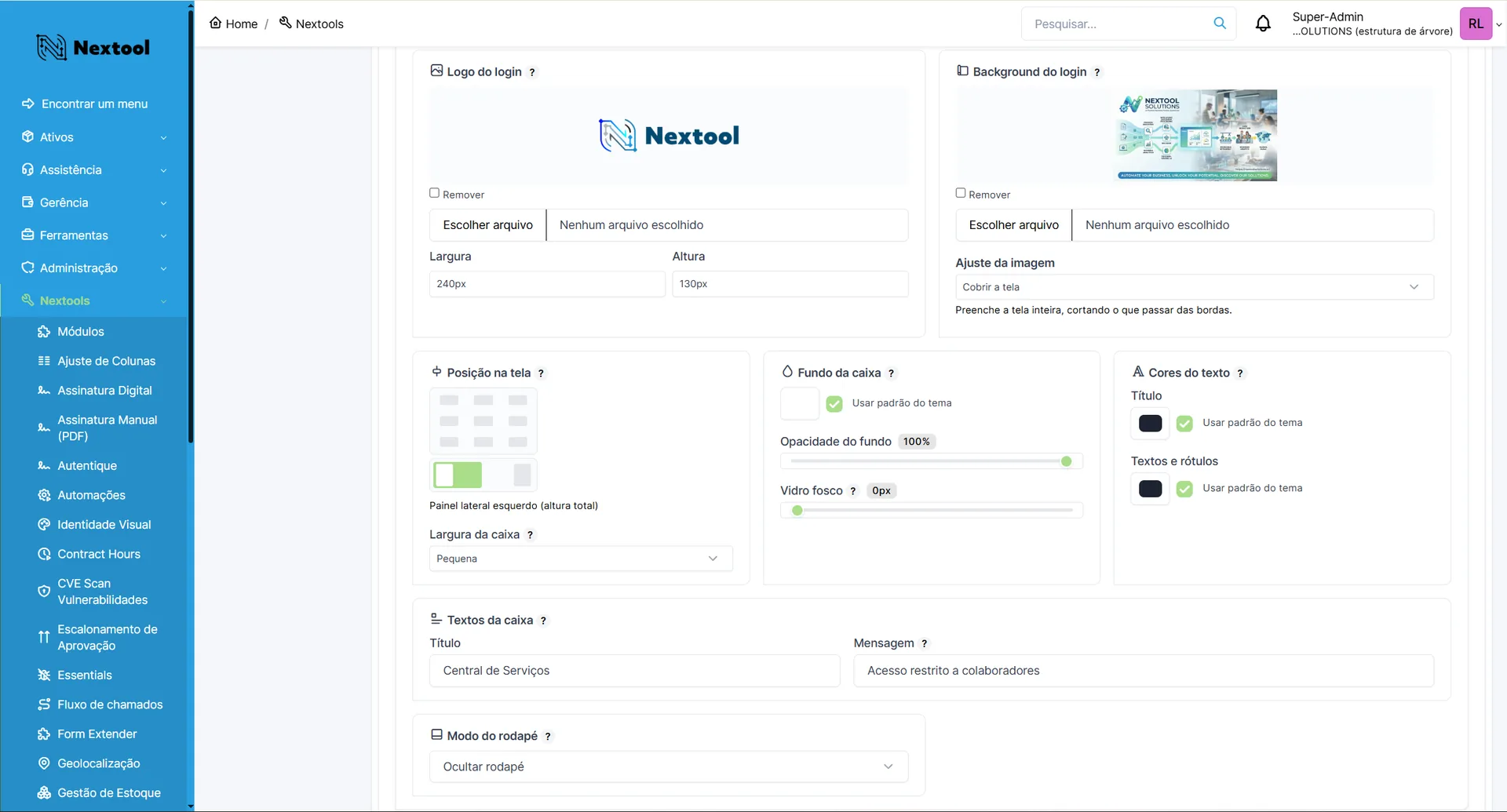 Configuração da tela de login do GLPI no módulo Branding: upload do logo e do background, posição da caixa de acesso, opacidade, vidro fosco, cores do texto e textos personalizados