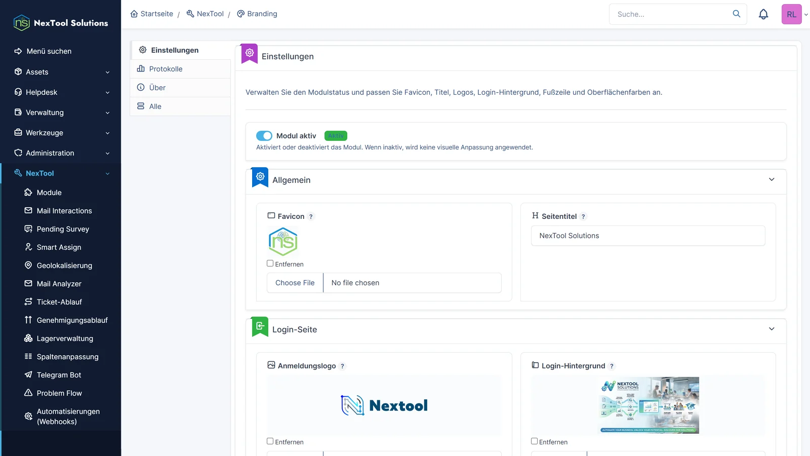 Branding-Einstellungen in GLPI: Modul aktiv, Favicon und Seitentitel im Browser im Abschnitt Allgemein