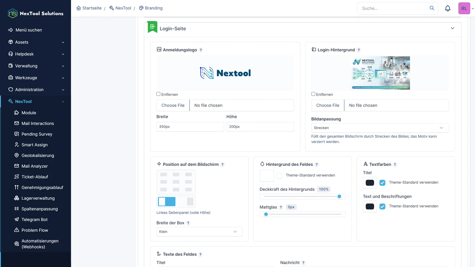 Abschnitt Anmeldeseite von Branding: Upload von Anmeldelogo und Hintergrund, Breite und Höhe des Logos und Anpassung des Hintergrundbilds