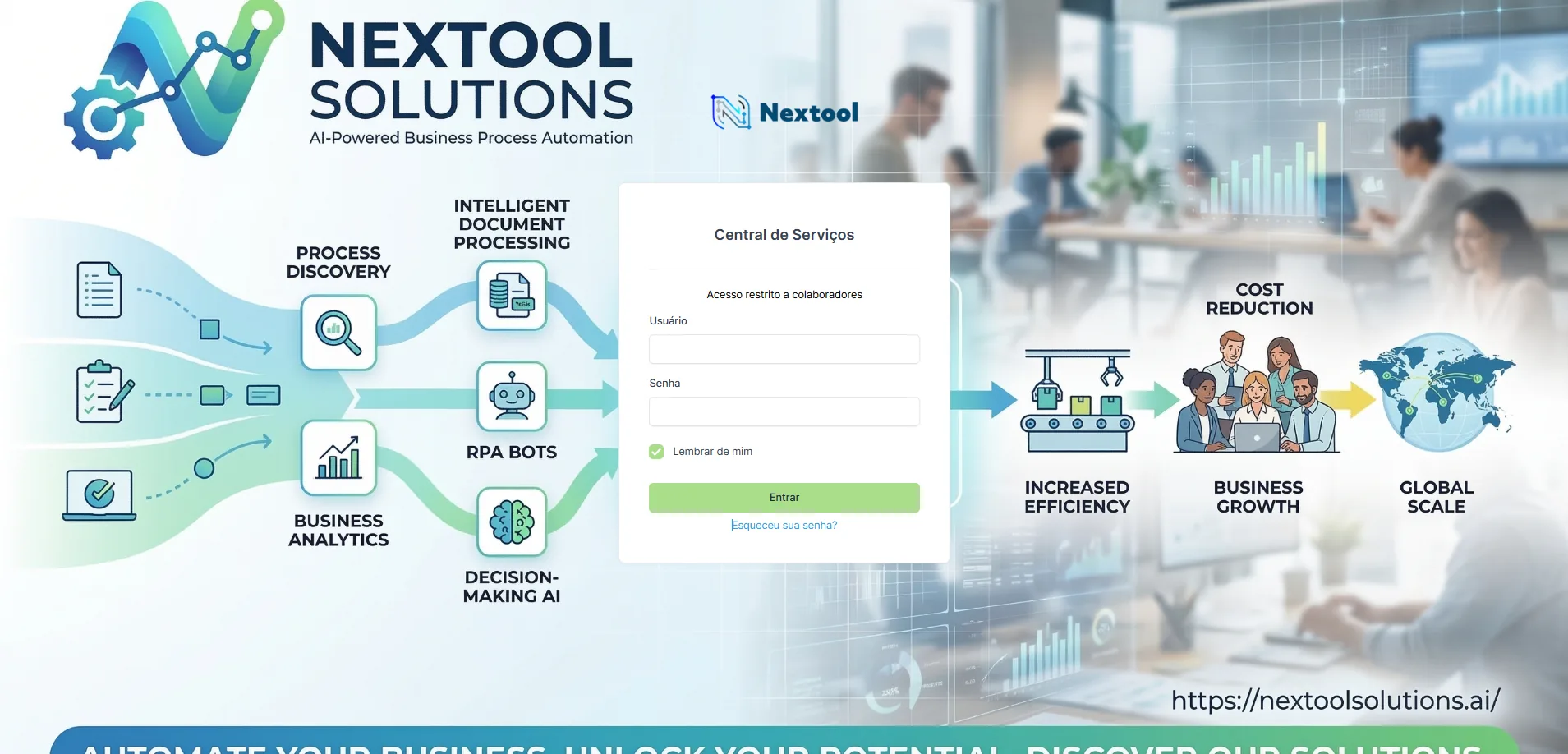 Tela de login do GLPI com a caixa de acesso centralizada sobre a imagem de fundo da empresa