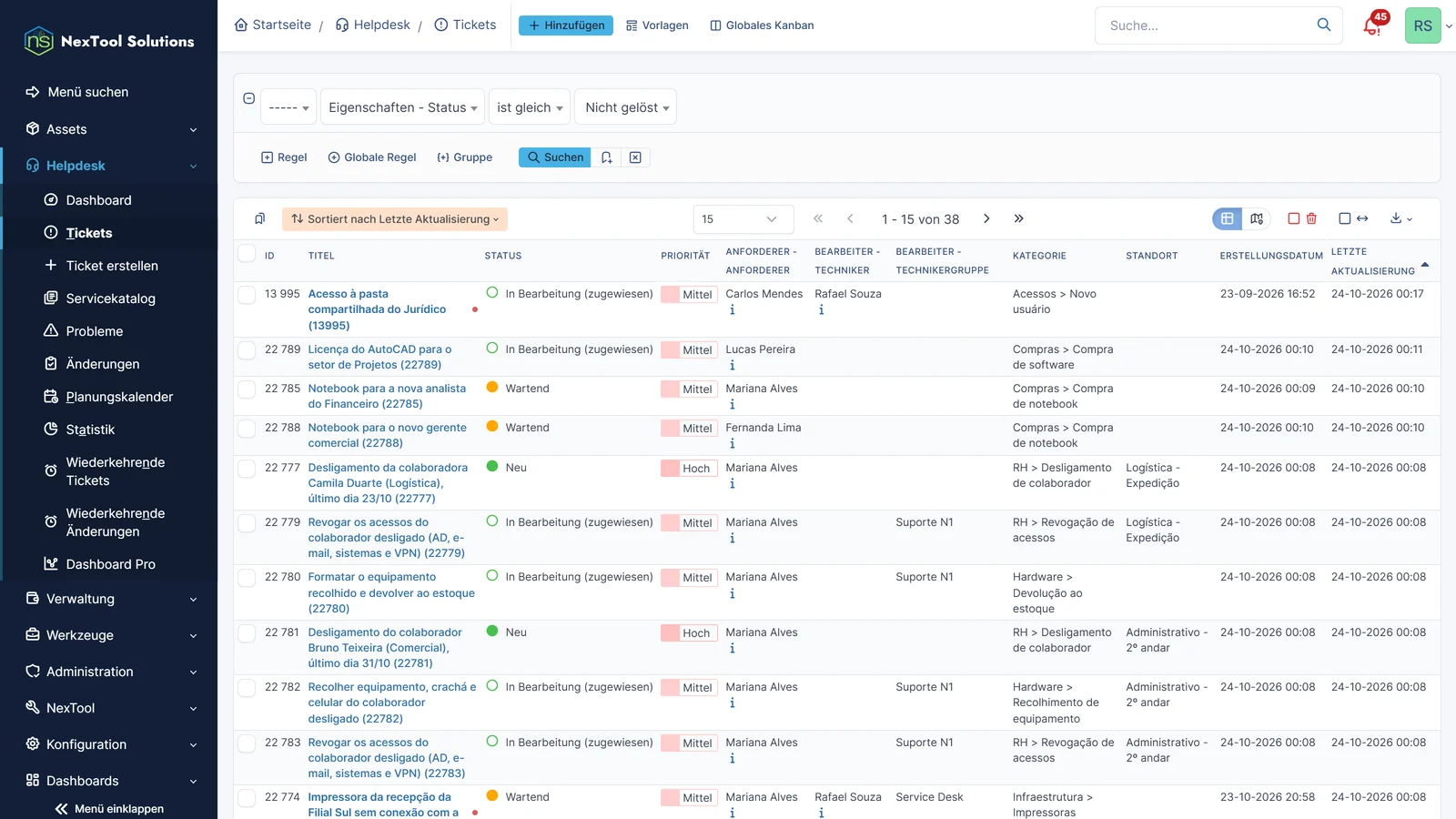 GLPI-Ticketliste mit Spalten in Standardbreite: Titel brechen auf zwei oder drei Zeilen um und die Liste wird lang
