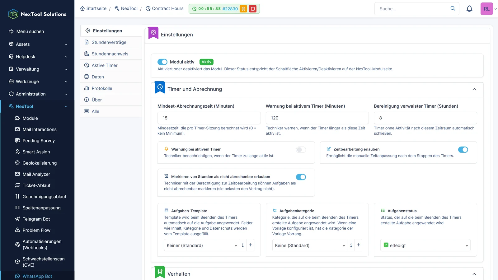 Einstellungen von Contract Hours: minimale abrechenbare Zeit, Warnung bei aktivem Timer, Timer-Bereinigung und Aufgabe beim Stoppen