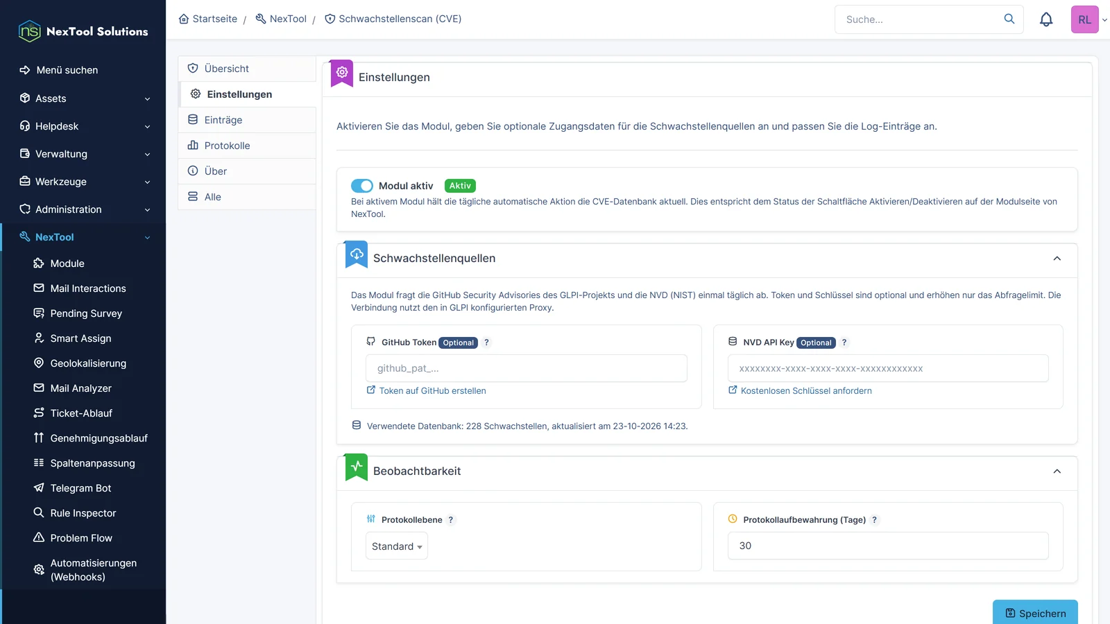 Einstellungen von CVE Scan: Schwachstellenquellen GitHub Security Advisories und NVD, mit optionalem Token und Schlüssel und dem Datum der letzten Aktualisierung der Datenbank