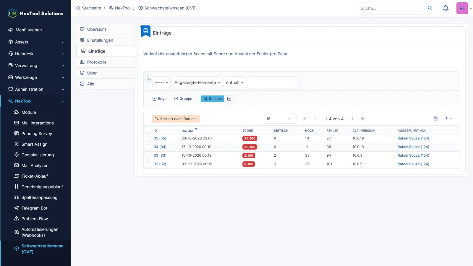Reiter Einträge von CVE Scan: Scan-Verlauf mit Datum, Score, kritischen und hohen CVEs, Anzahl der Fehler und GLPI-Version, der Score steigt mit jedem Update