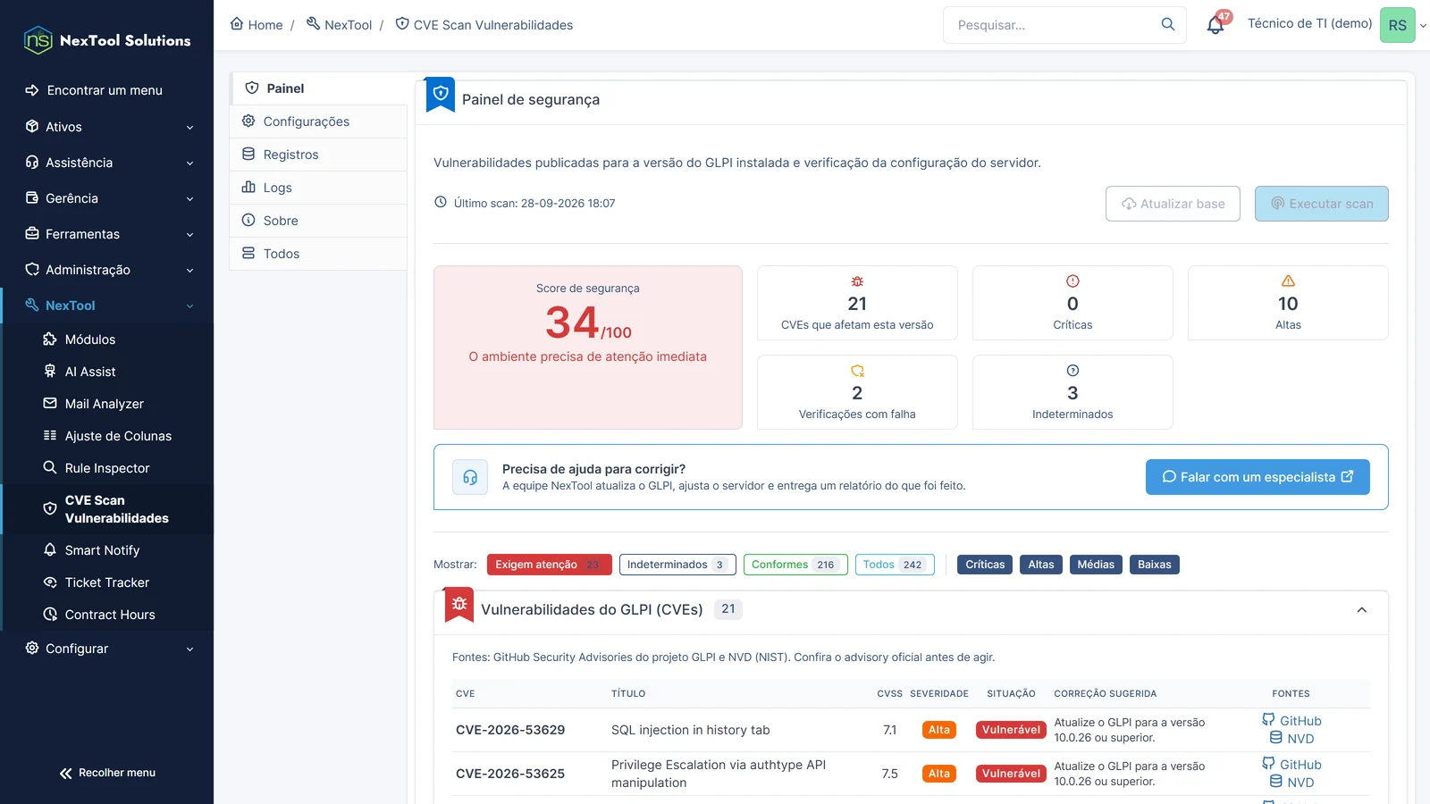 CVE Scan dashboard with a 34/100 security score, the CVEs affecting the GLPI version by severity and the suggested fix for each one