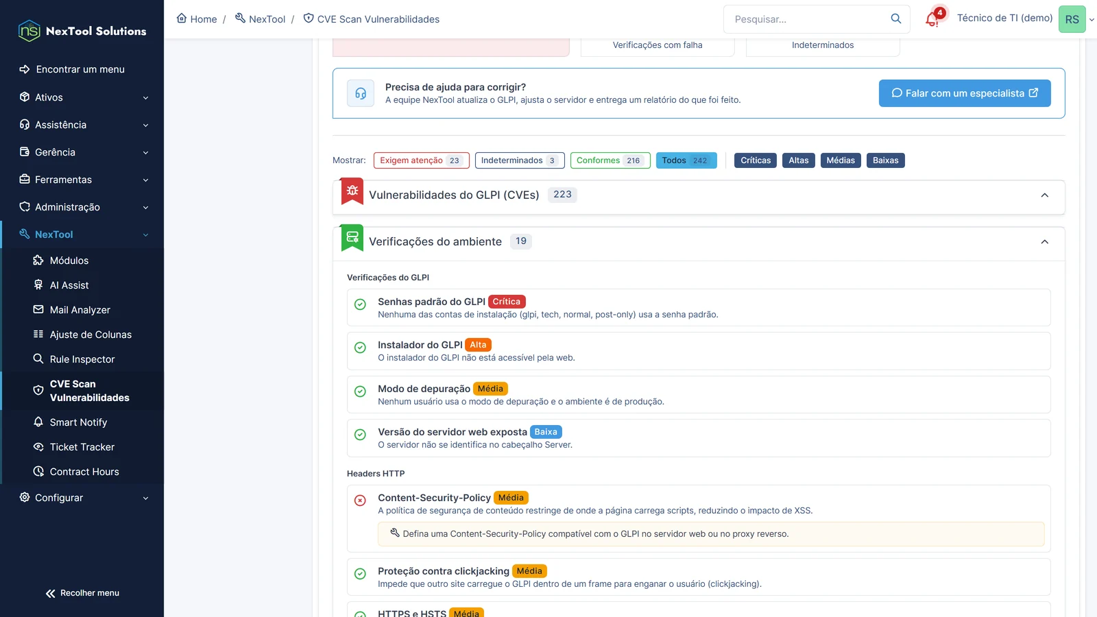 CVE Scan environment checks: default passwords, installer, debug mode and HTTP headers, each item with its status and how to fix it