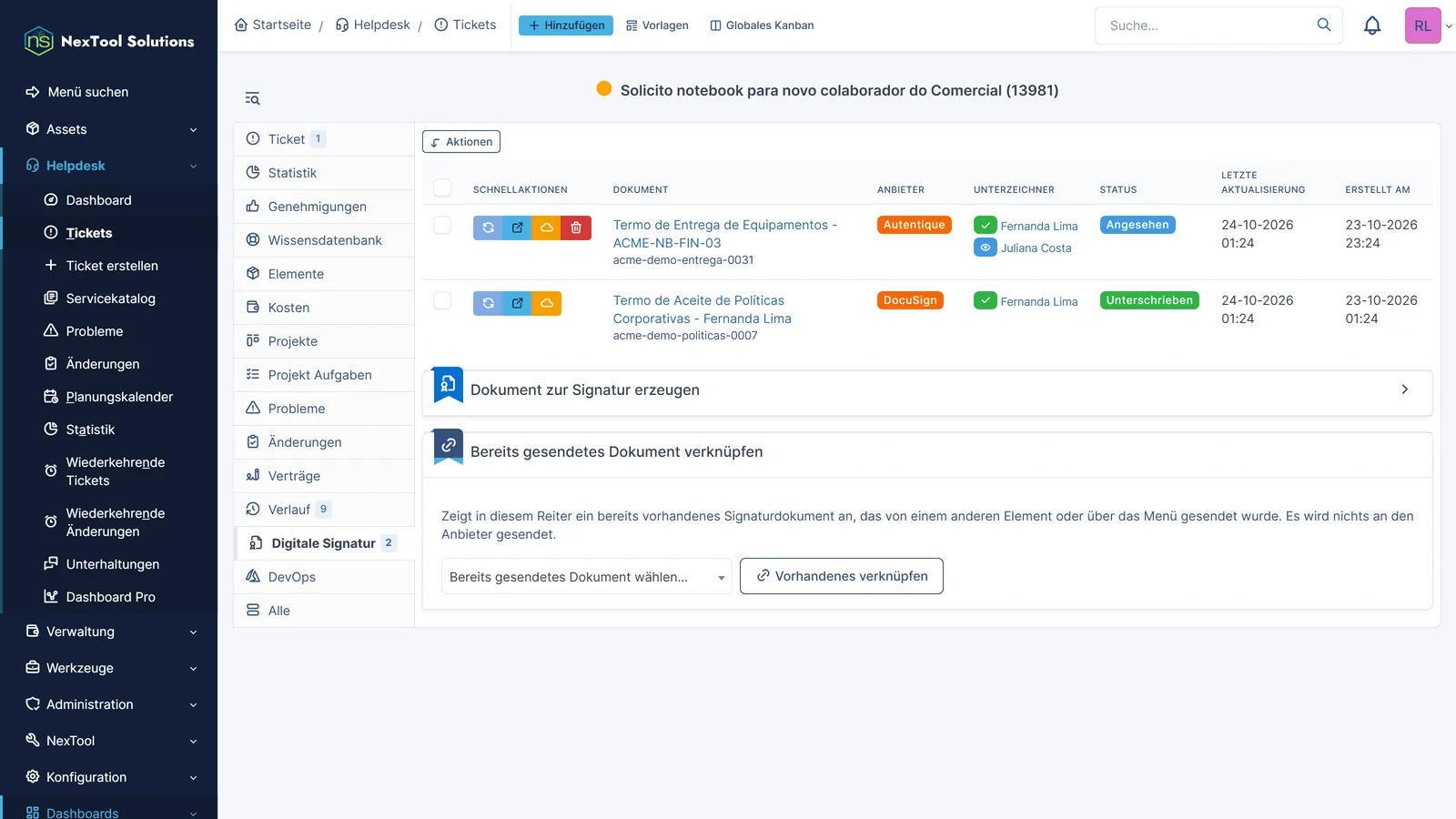Reiter Digitale Signatur eines GLPI-Tickets: Übergabeprotokoll über Autentique, eine Unterzeichnerin hat unterschrieben, eine andere hat es angesehen, dazu eine über DocuSign signierte Richtlinienbestätigung
