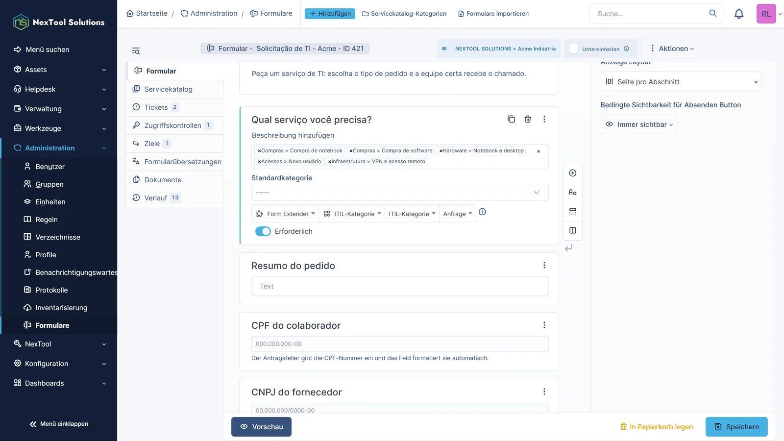 GLPI-Formulareditor mit der Frage ITIL-Kategorie aus der Gruppe Form Extender: Typ Anfrage, vom Administrator markierte Kategorien und Standardkategorie