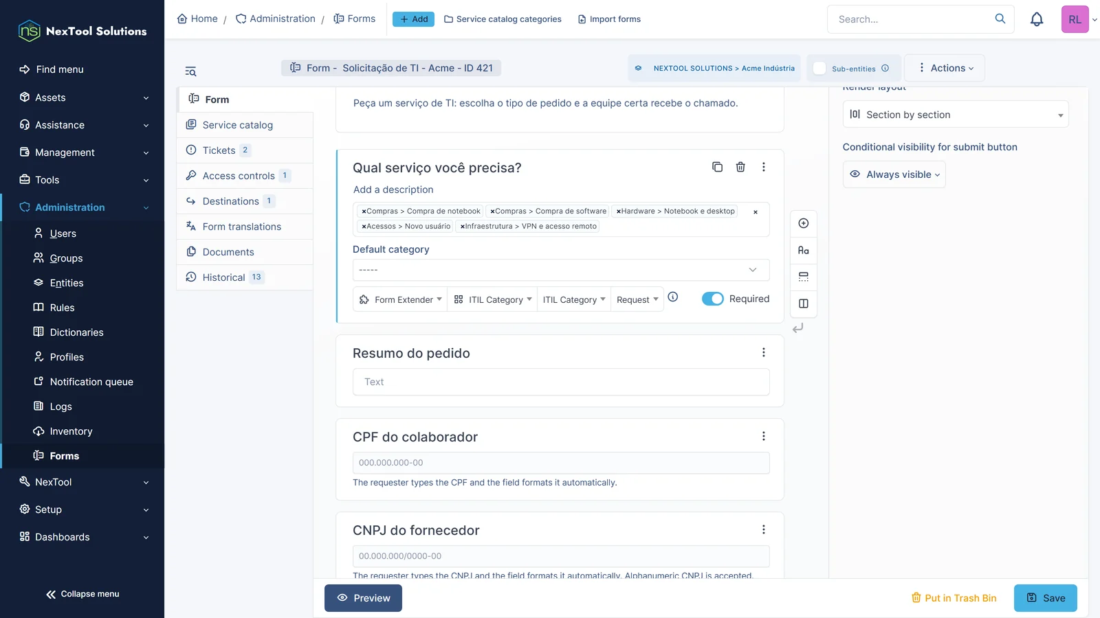 Редактор форм GLPI с вопросом «Категория ITIL» из группы Form Extender: тип «запрос», категории, отмеченные администратором, и категория по умолчанию