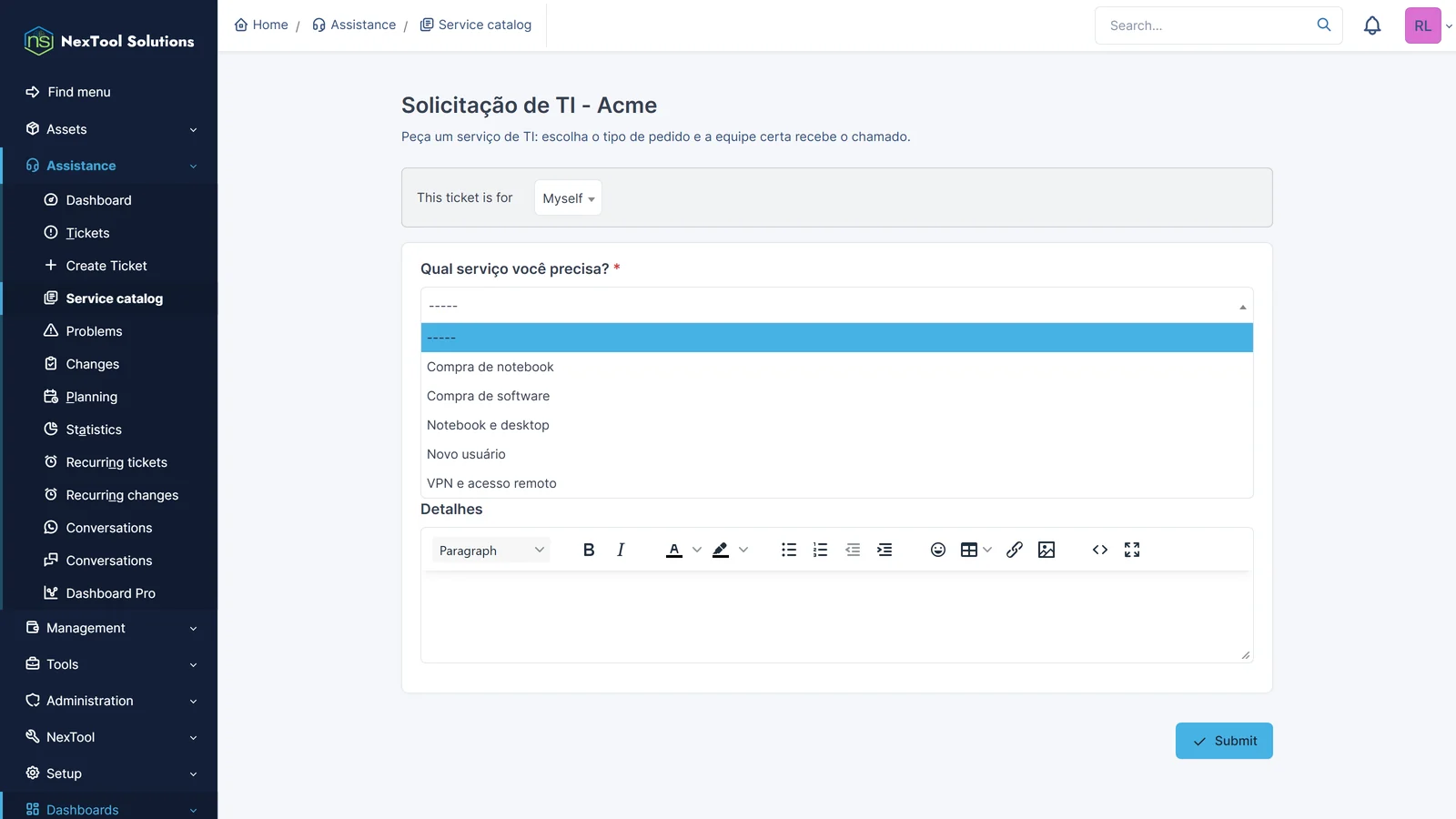 Встроенная форма GLPI с вопросом «Категория ITIL» из Form Extender: заявитель видит только пять выбранных категорий по названию
