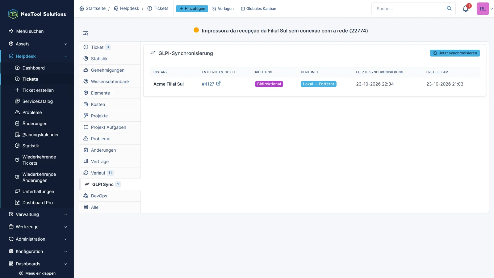 Reiter GLPI Sync im Ticket: Instanz, Nummer des entfernten Tickets, Richtung, Herkunft und Zeitpunkt der letzten Synchronisierung