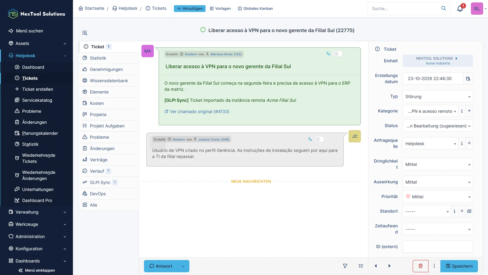 Im GLPI der Filial Sul eröffnetes Ticket, von GLPI Sync importiert, mit Herkunftshinweis und Link zum Originalticket
