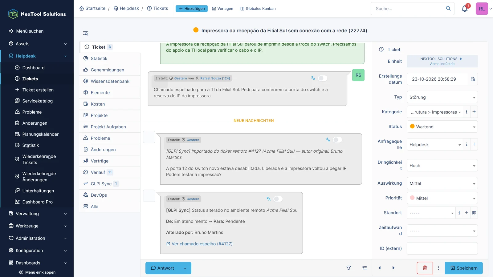 Ticket der Acme im GLPI der Filial Sul gespiegelt: die Antwort des entfernten Technikers und der Statuswechsel auf Wartend kommen von selbst in den Verlauf, mit dem ursprünglichen Autor