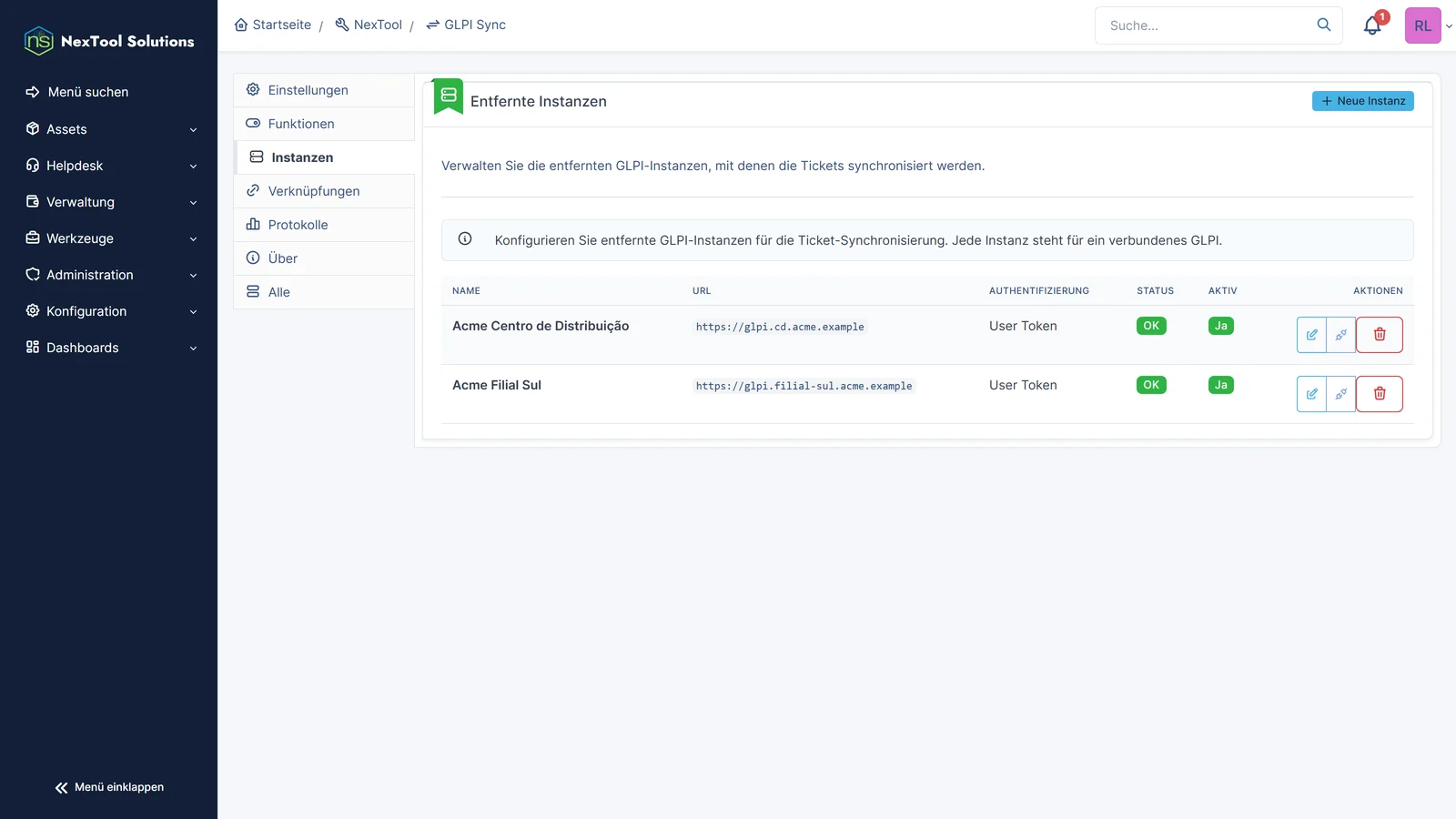 Reiter Instanzen von GLPI Sync: zwei verbundene entfernte GLPI, Acme Filial Sul und Acme Centro de Distribuição, Verbindung getestet und aktiv