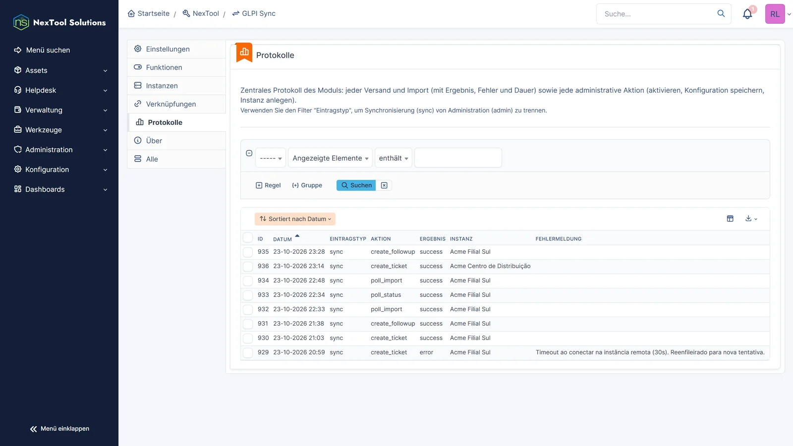 Logs von GLPI Sync: jeder Versand und Import mit Ergebnis, Instanz und Fehler, darunter ein Timeout, der in die Warteschlange ging und erfolgreich erneut gesendet wurde