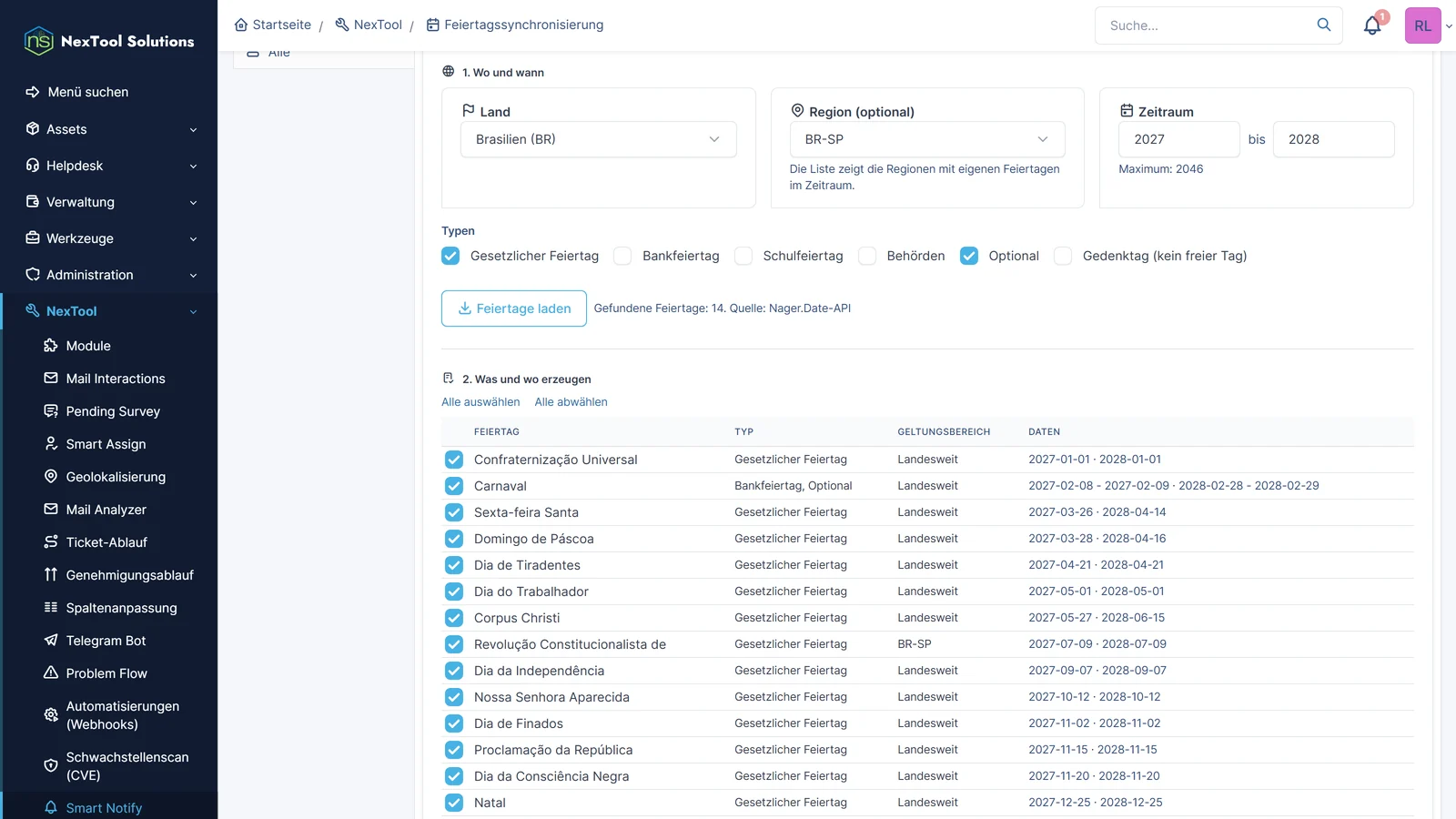 Feiertagsgenerator von Holiday Sync in GLPI: Brasilien mit der Region BR-SP, Jahre 2027 und 2028, gesetzliche und optionale Feiertage aus der Nager.Date-API geladen