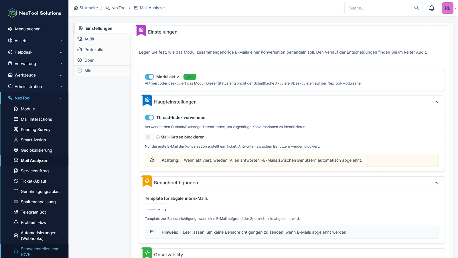 Einstellungen von Mail Analyzer: Thread-Index von Outlook und Exchange, optionale Sperre von Allen-antworten-Ketten und Benachrichtigungsvorlage für abgelehnte E-Mails