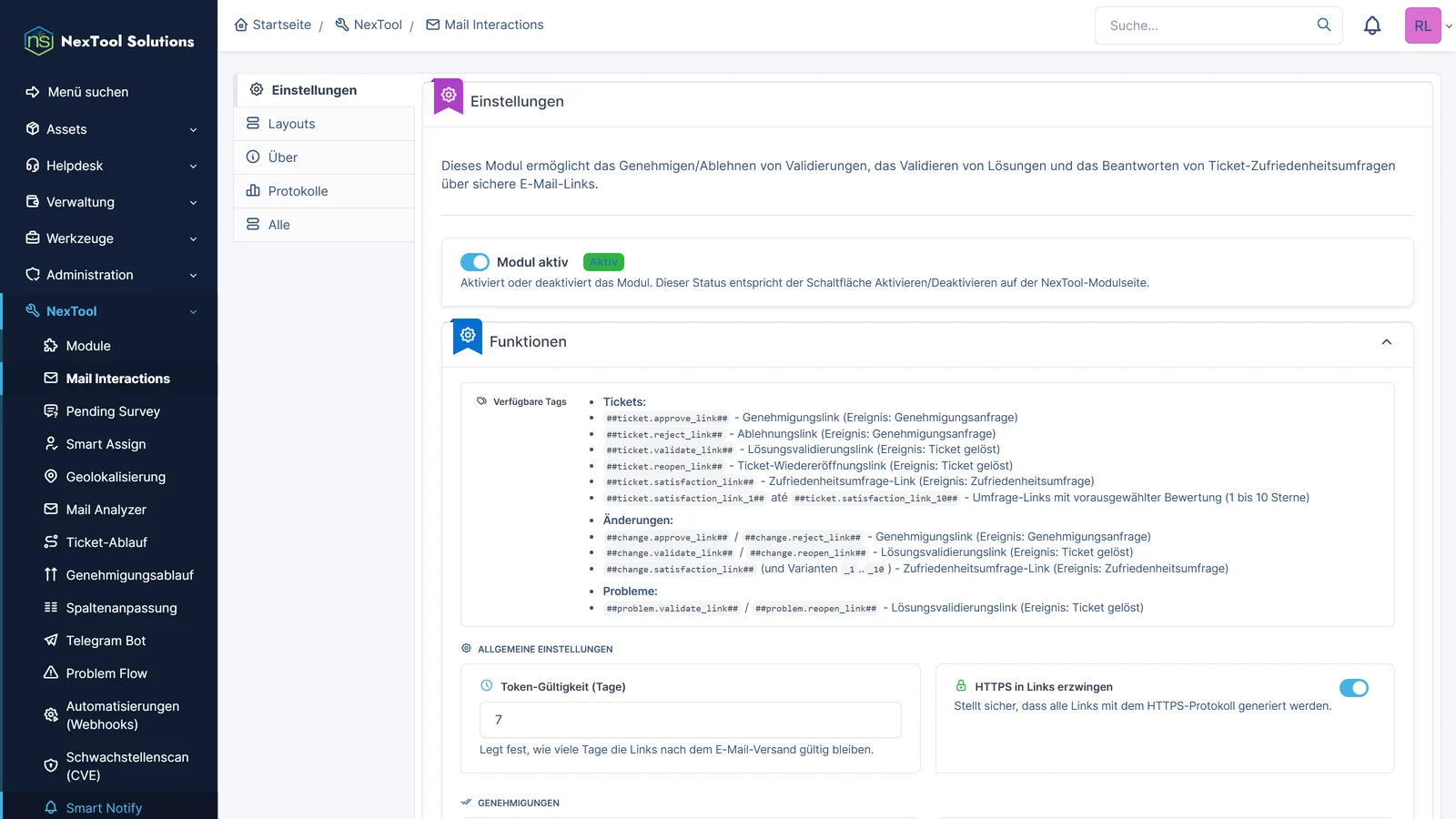 Einstellungen von Mail Interactions: Link-Tags für die E-Mail-Vorlagen von Tickets, Changes und Problemen, Gültigkeit der Links und erzwungenes HTTPS