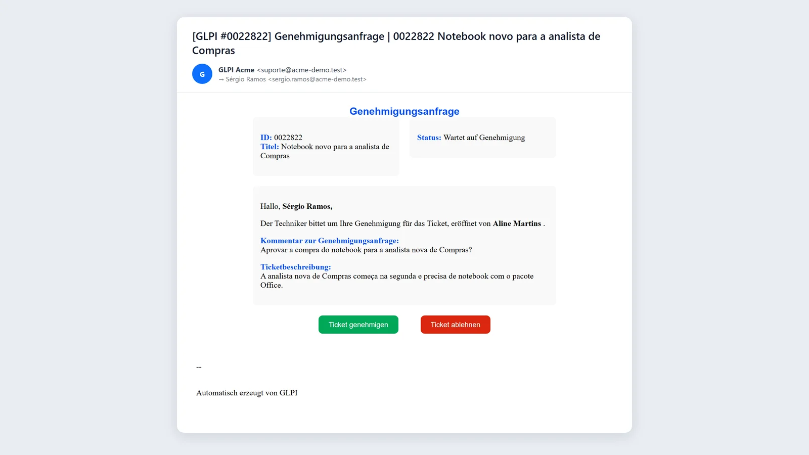 GLPI-Genehmigungsanfrage per E-Mail mit den Schaltflächen Genehmigen und Ablehnen von Mail Interactions, erzeugt von der nativen Benachrichtigungsvorlage mit den Ticketdaten