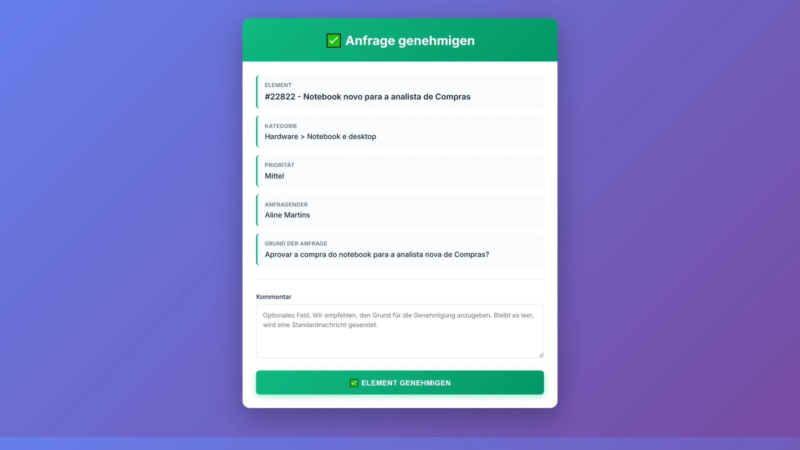 Seite, die die Führungskraft über die Schaltfläche in der E-Mail öffnet, ohne Anmeldung: Ticketdaten, Grund der Anfrage, Kommentarfeld und die Schaltfläche zum Genehmigen