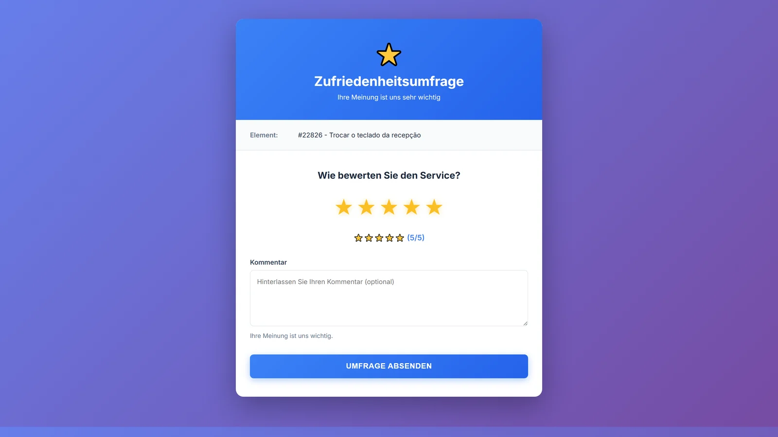 Zufriedenheitsumfrage aus der E-Mail, ohne Anmeldung, mit der durch den Klick in der E-Mail bereits gewählten Bewertung von fünf Sternen und Platz für einen Kommentar