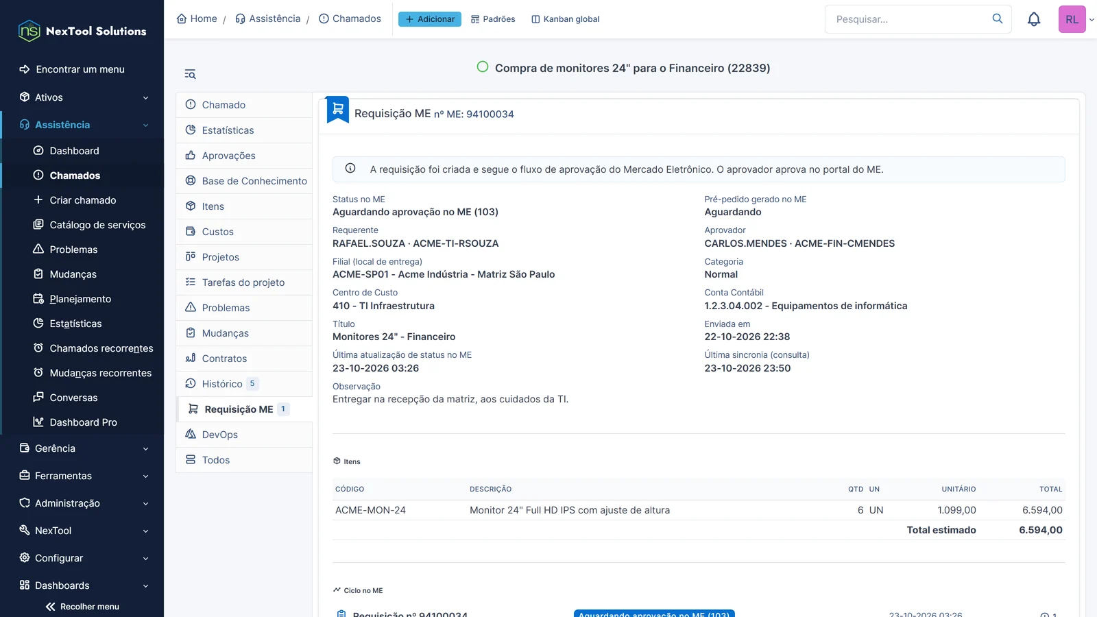 Requisição enviada que segue o fluxo de aprovação do Mercado Eletrônico, com o aviso no chamado