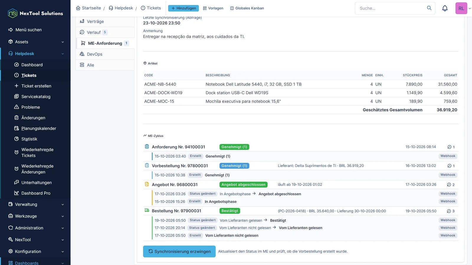 ME-Zyklus im Ticket: Anforderung, Vorbestellung, abgeschlossenes Angebot und vom Lieferanten bestätigte Bestellung, mit Webhook-Verlauf