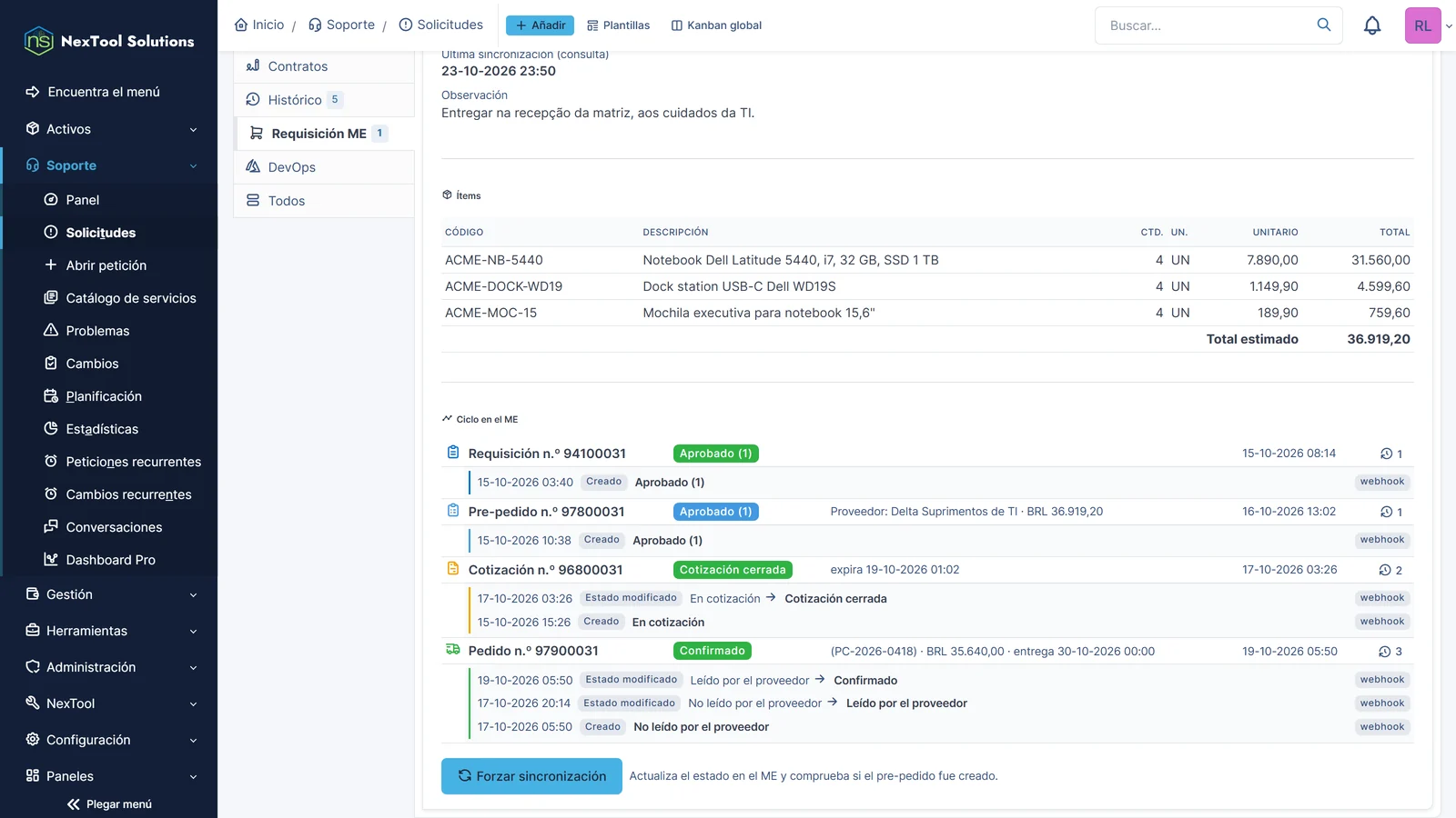 Ciclo en ME dentro del ticket: requisición, pre-pedido, cotización cerrada y pedido confirmado por el proveedor, con el historial de webhooks