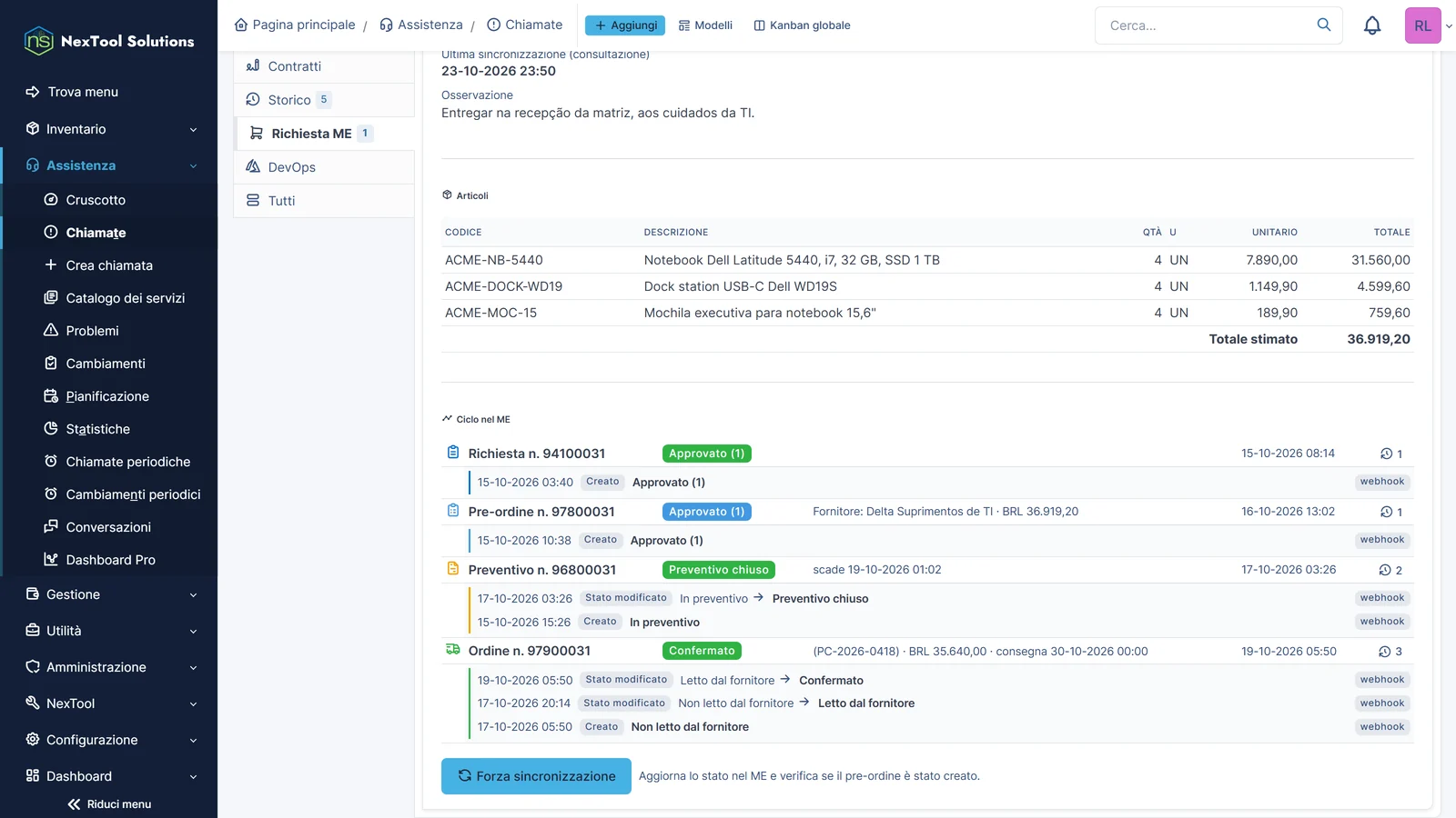 Ciclo nel ME dentro il ticket: richiesta, pre-ordine, preventivo chiuso e ordine confermato dal fornitore, con lo storico dei webhook