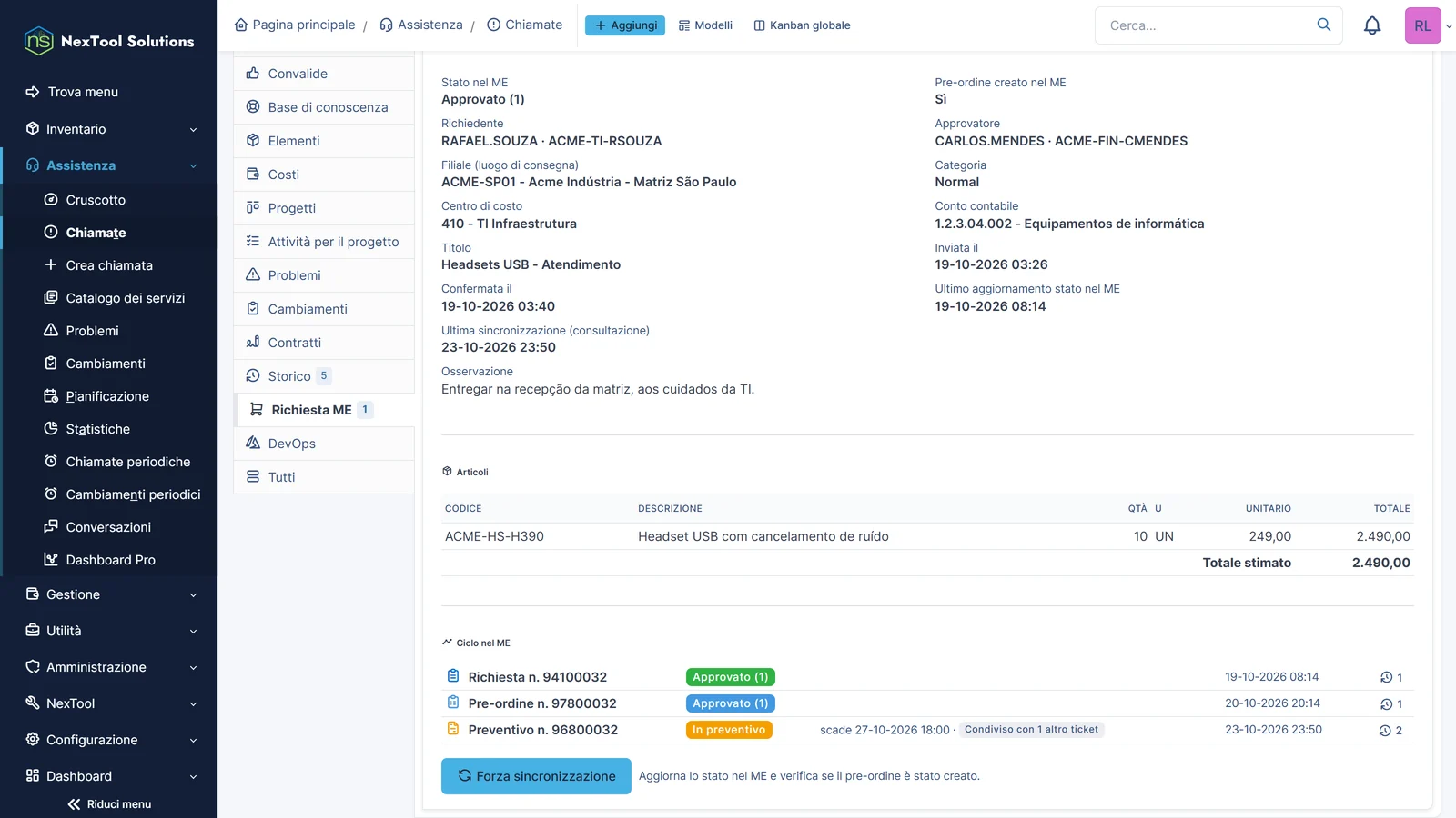 Preventivo che il buyer ha unito a un'altra richiesta, segnato come condiviso con un altro ticket