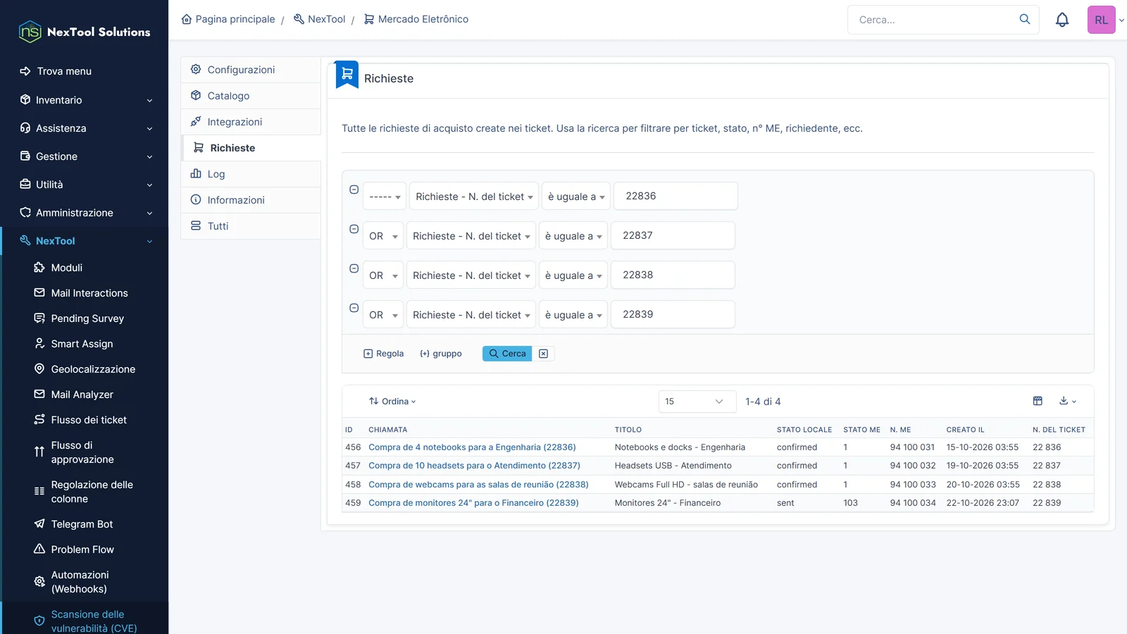 Scheda Richieste del modulo: tutte le richieste create dai ticket, con stato, numero ME e data