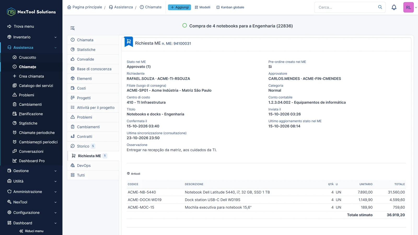 Scheda Richiesta ME del ticket: richiedente e approvatore, filiale di consegna, centro di costo, conto contabile e articoli con totale stimato