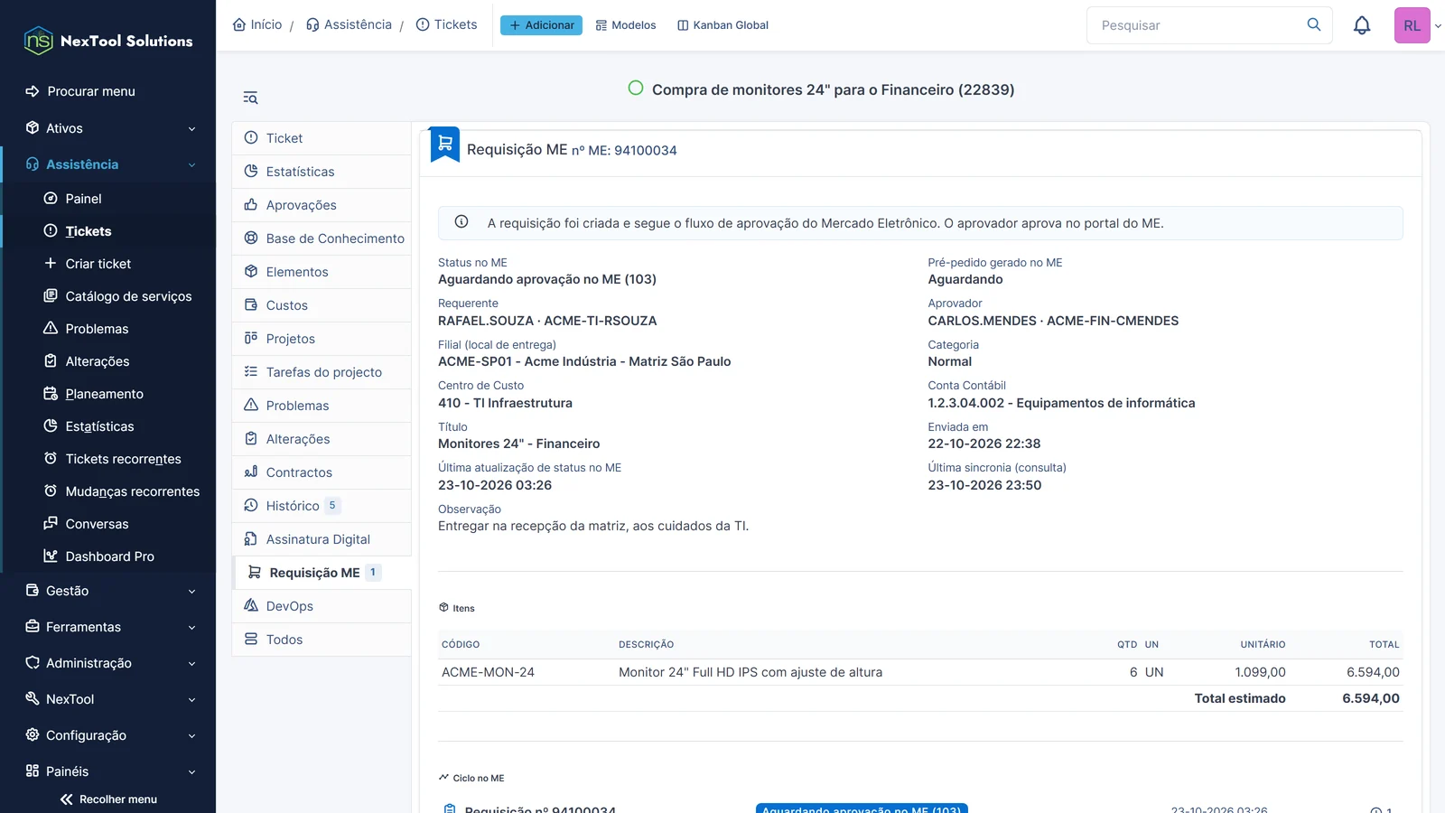 Requisição enviada que segue o fluxo de aprovação do Mercado Eletrônico, com o aviso no pedido