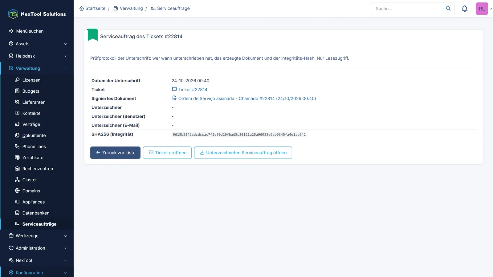 Eintrag des unterschriebenen Auftrags: Datum, Ticket, angehängtes PDF und SHA-256-Prüfsumme