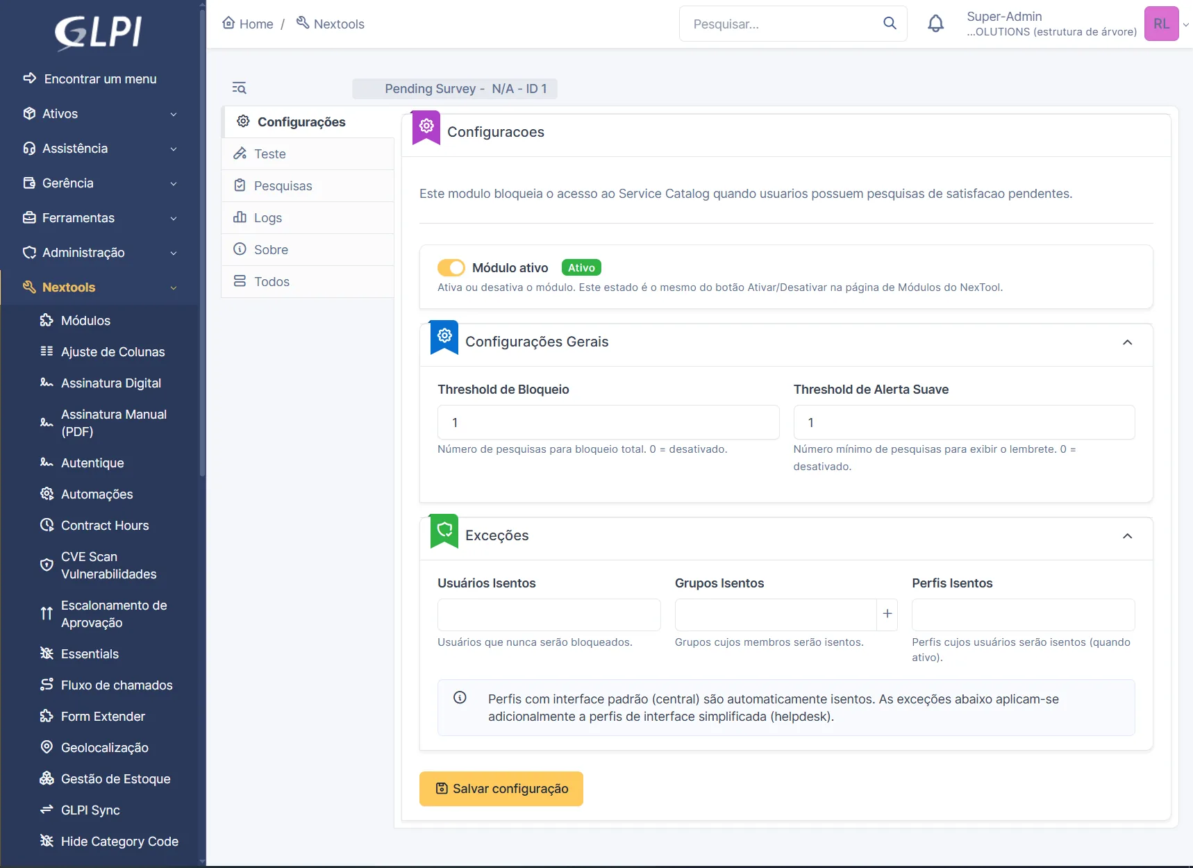 Tela de configuração do Pending Survey no GLPI: ativar o módulo, definir os limites de bloqueio e de alerta e cadastrar exceções por usuário, grupo ou perfil