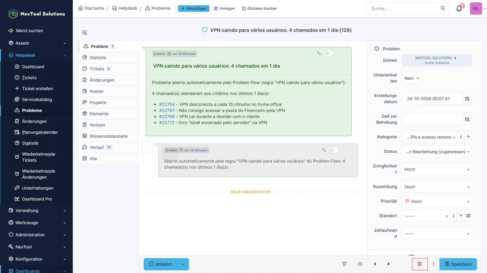 Von Problem Flow automatisch eröffnetes Problem mit der Liste der VPN-Störungen, die es aufgedeckt haben, mit zugewiesener Gruppe und Techniker