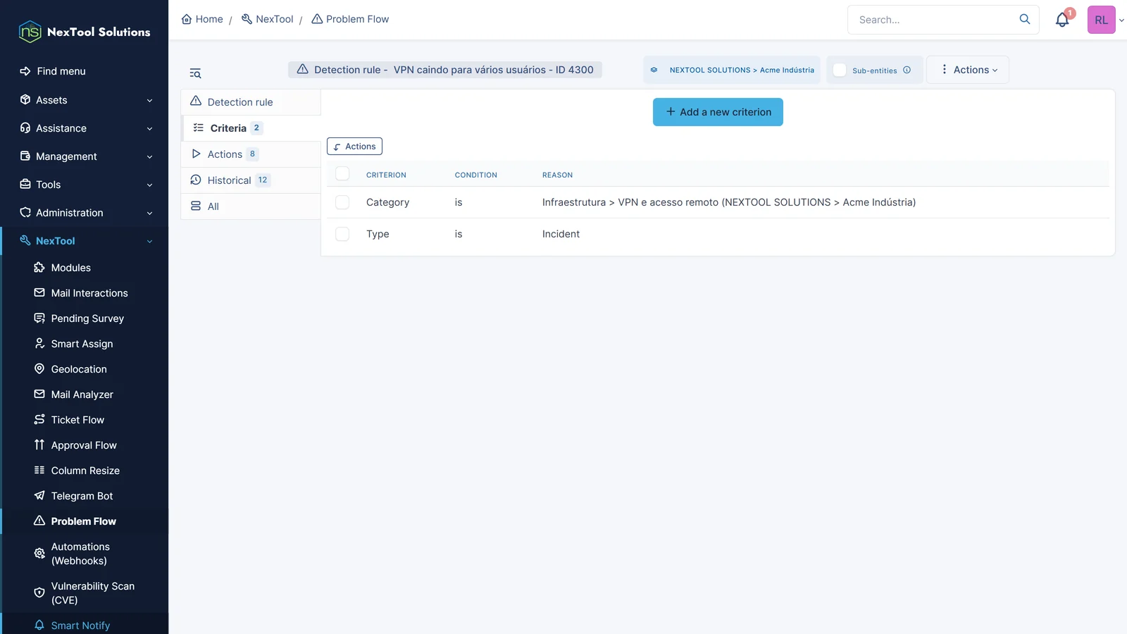Критерии правила в штатном наборе правил GLPI: учитываются только инциденты категории «VPN и удалённый доступ»
