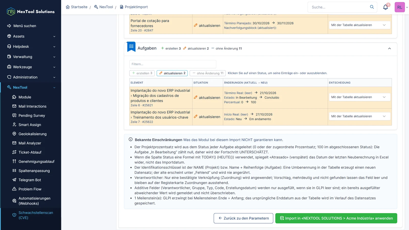 Vorschau der geänderten Aufgaben: tatsächliches Ende, Status und Prozentsatz vorher und nachher, jeweils mit der Wahl zwischen Aktualisieren und Beibehalten in GLPI