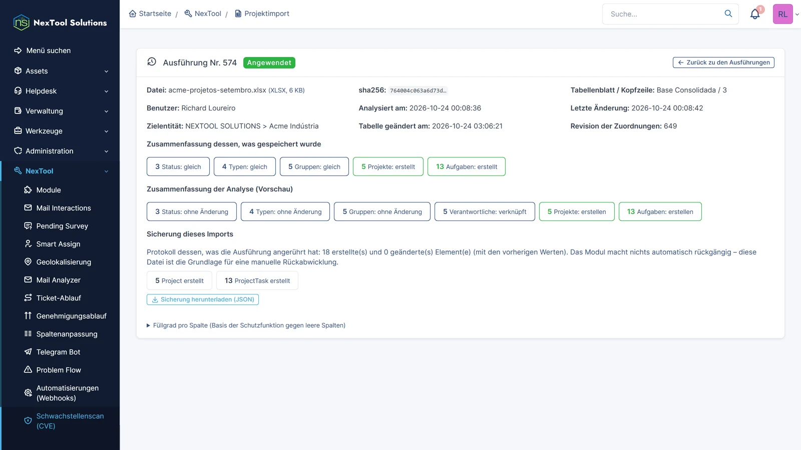 Bericht des angewendeten Imports: 5 Projekte und 13 Aufgaben in einer einzigen Transaktion angelegt, 5 Verantwortliche zugeordnet und JSON-Sicherung zum Herunterladen