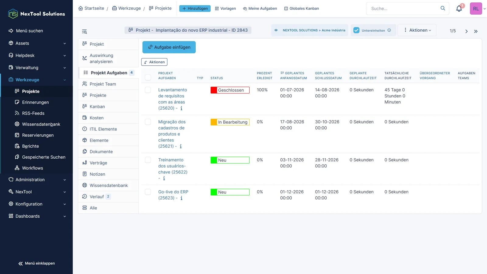 Aufgaben eines importierten Projekts in GLPI mit Status, Prozentsatz und geplanten Terminen aus der Tabelle