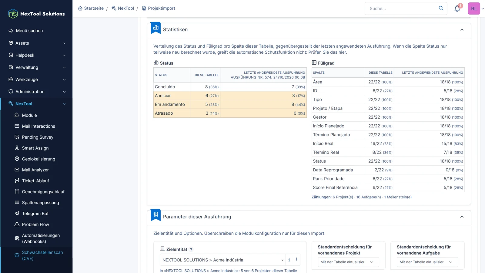 Schritt 2: Statistik der Tabelle mit Statusverteilung und Füllgrad jeder Spalte im Vergleich zum zuletzt angewendeten Import