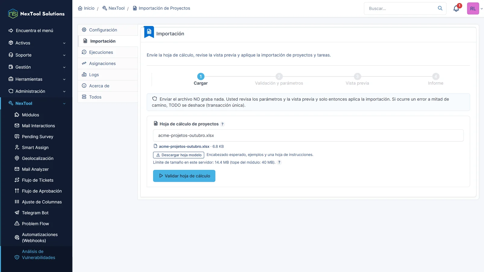 Paso 1 de la Importación de Proyectos en GLPI: la hoja de Excel de proyectos de Acme cargada para validar, con plantilla para descargar y el aviso de que enviar el archivo no graba nada