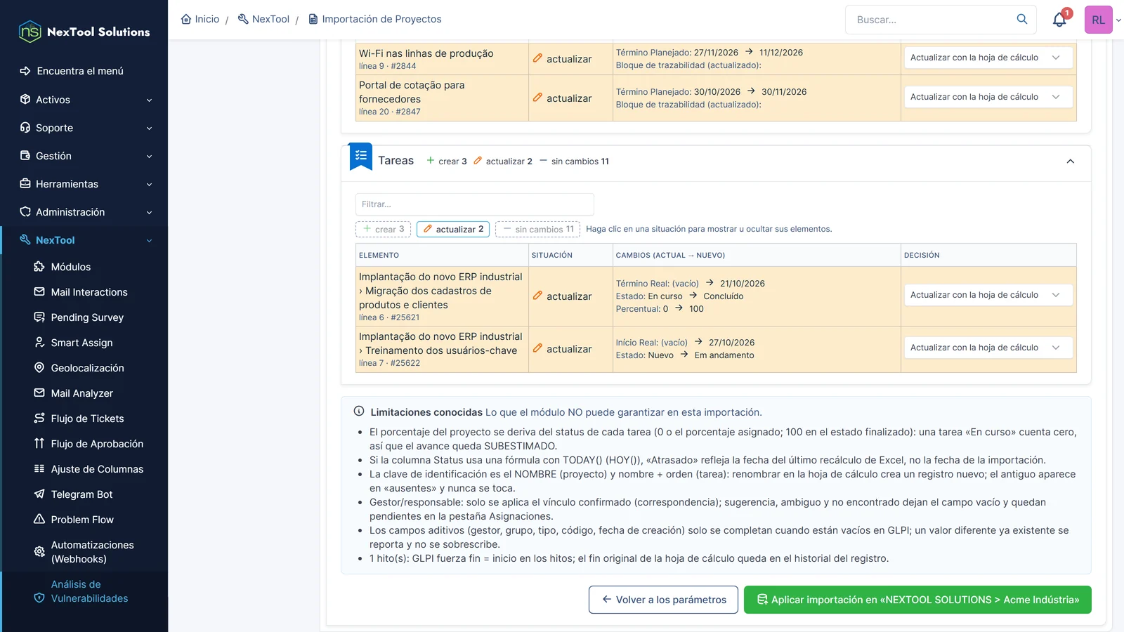 Vista previa de las tareas que cambian: fin real, estado y porcentaje actual y nuevo, cada una con la decisión de actualizar o mantener como está en GLPI